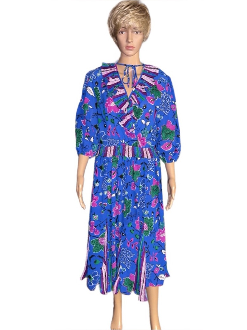 Plaza South~Size 12 • Blue/Purple/Green Floral W/ Ruffles/Beaded Tie Boho Dress